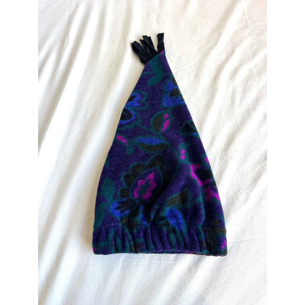 Vintage REI Polartec Fleece Tassel Beanie Purple Teal Floral Retro Ski Gaper Day
